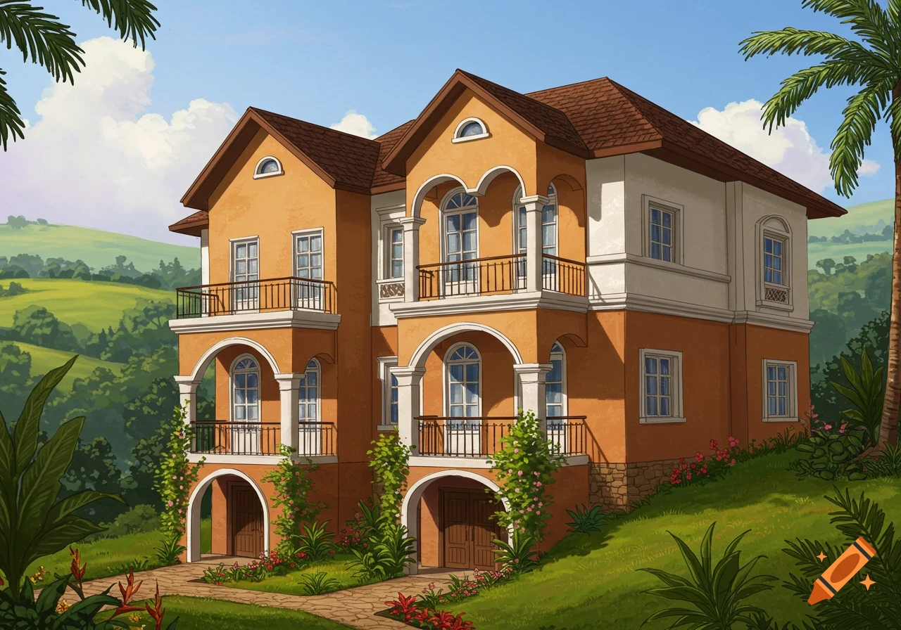 A three-story Mediterranean-style villa with orange walls and brown roofs on a lush green hill in a tropical landscape.