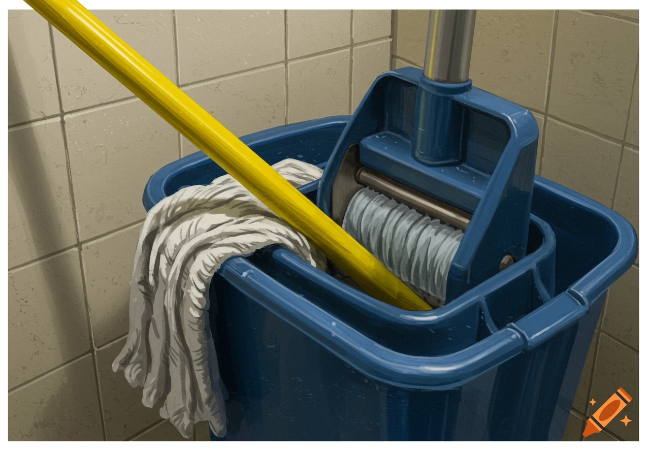A yellow mop stick and a white mop head inside a blue mop wringer bucket against a tiled wall, in a digital painting style.