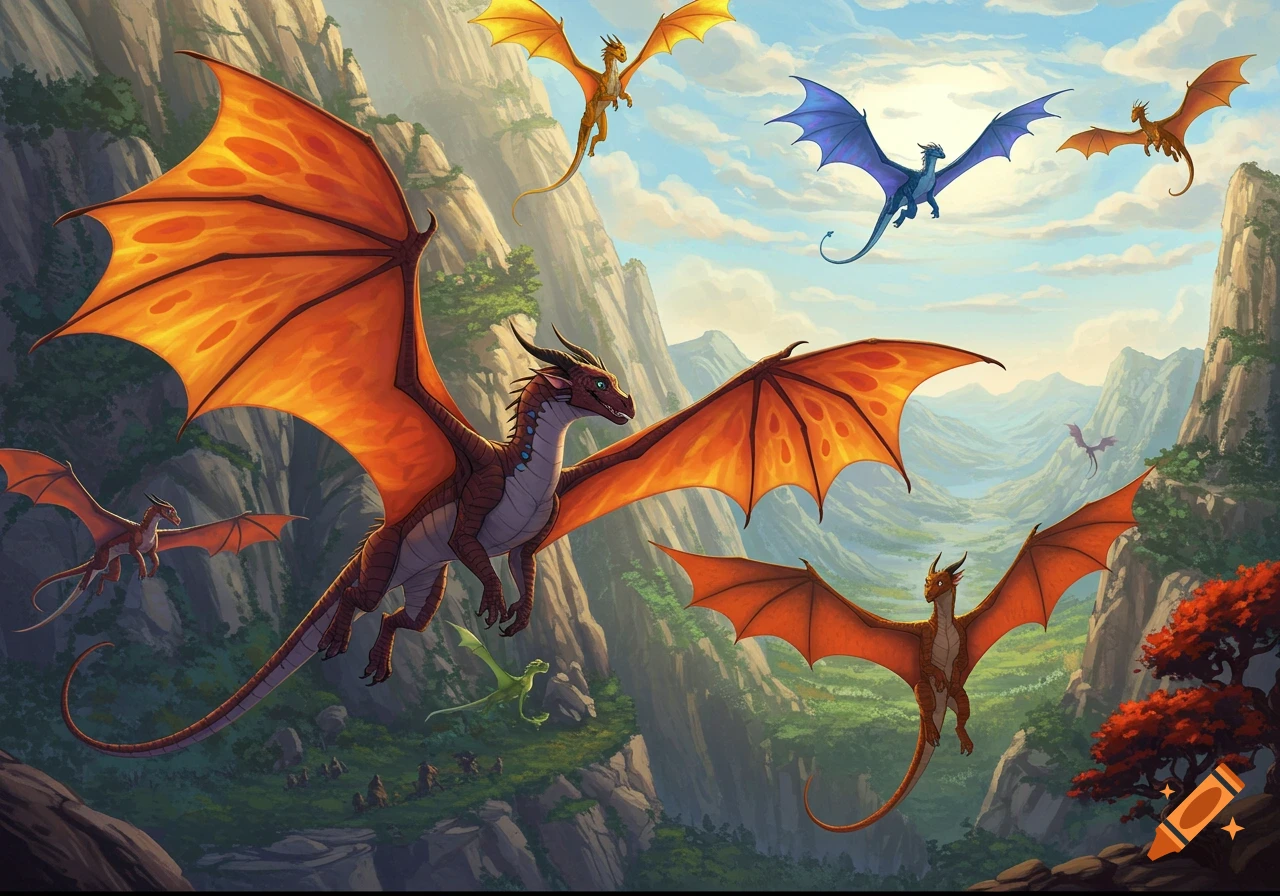 Multiple colorful dragons with large wings fly through a lush, mountainous valley under a cloudy blue sky.