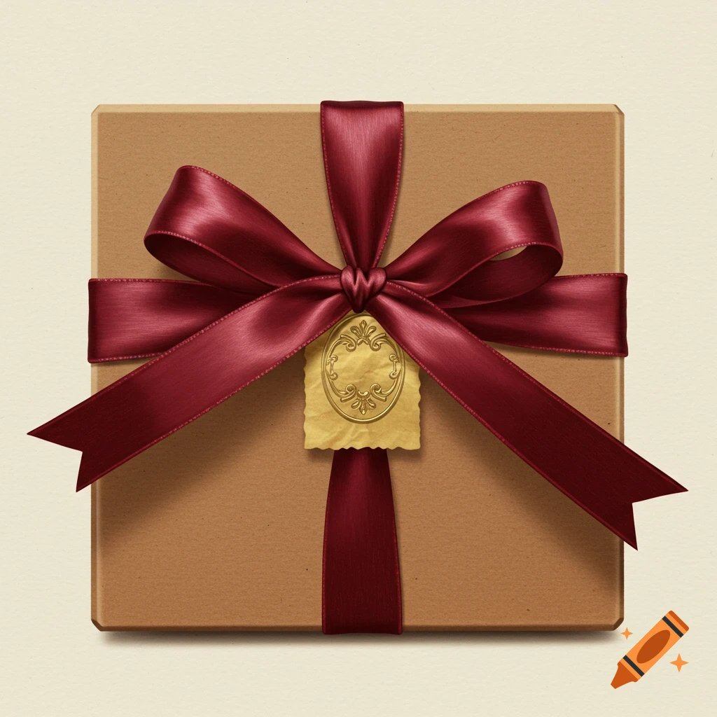 A photorealistic image of a brown gift box with a deep red ribbon tied in a bow and a gold decorative tag.