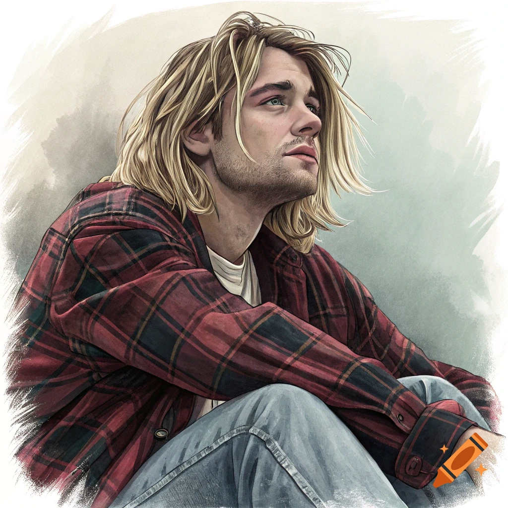 A stylized portrait of Kurt Cobain, with long blonde hair, wearing a red plaid shirt and blue jeans, looking up.