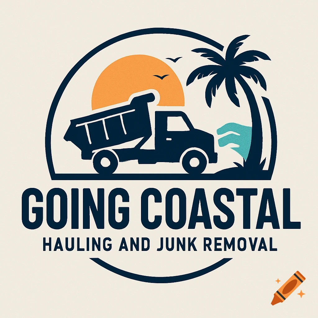 A logo for Going Coastal Hauling and Junk Removal, featuring a dark blue dump truck, orange sun, palm tree, and waves within a circle.