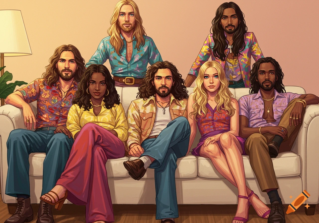 An illustration of six people with long hair, dressed in retro 70s style clothing, posing on a white couch.