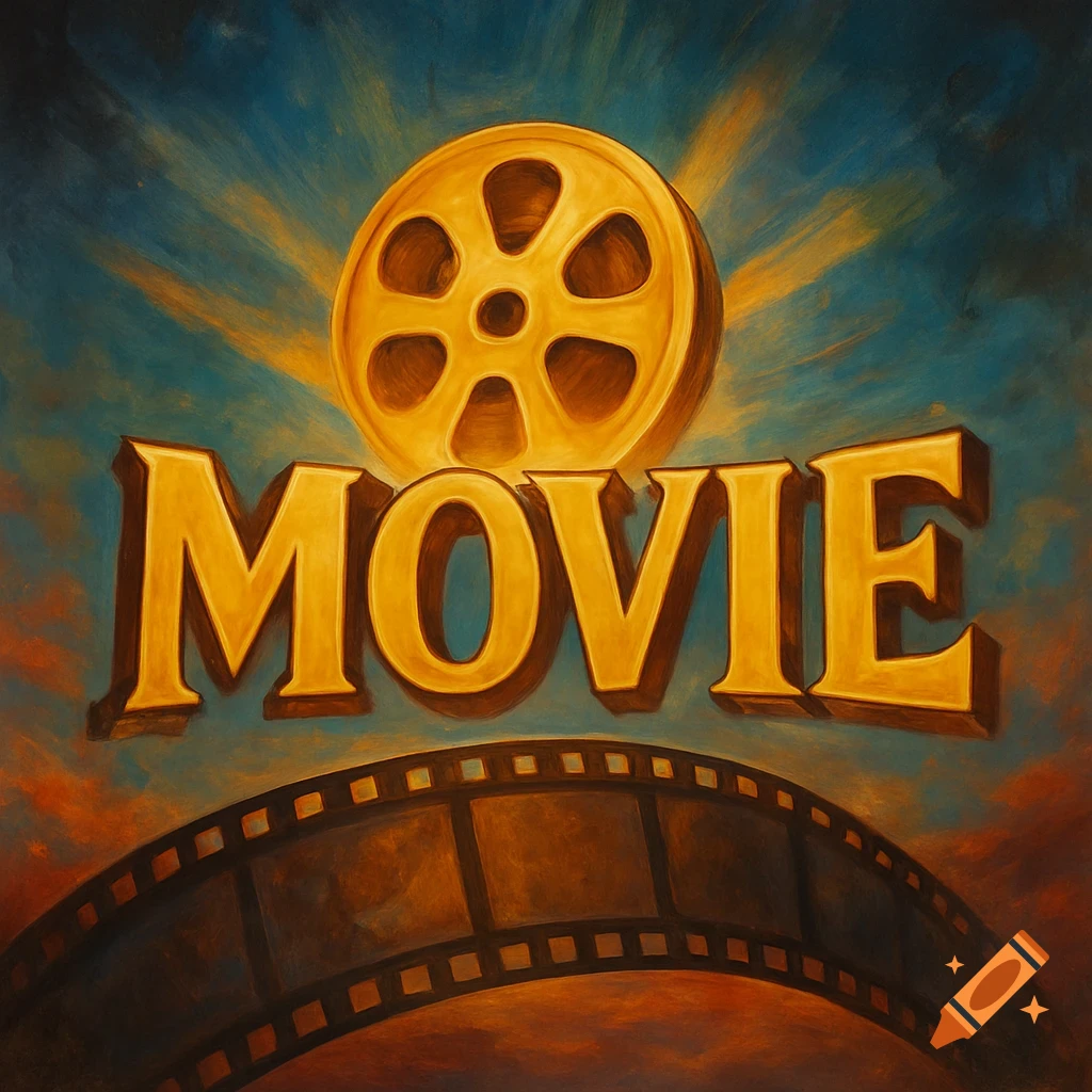 A golden film reel above the word 'MOVIE' with a film strip below, in a painterly style.