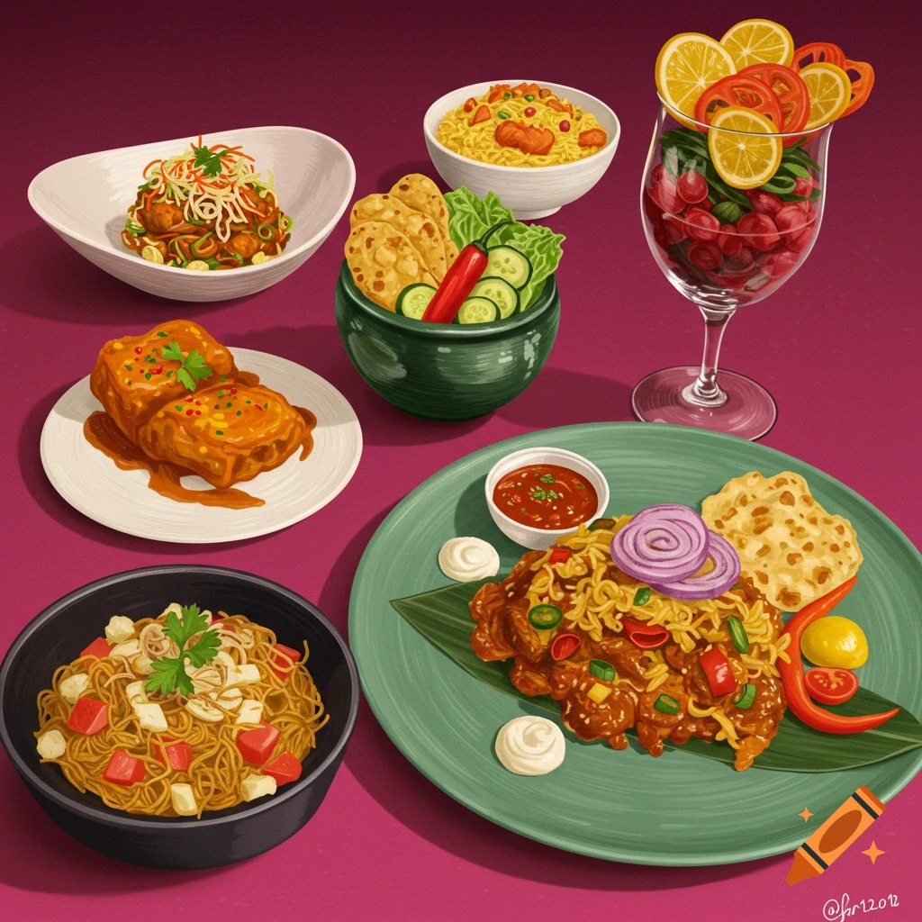 An illustrative top-down view of various colorful Asian-inspired food dishes arranged on a magenta table.