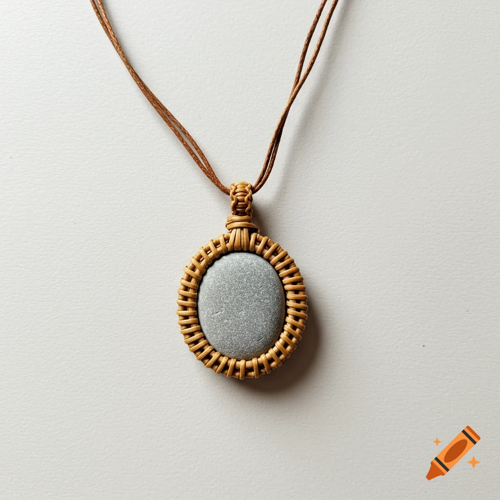 A close-up shot of a pendant necklace featuring a smooth gray pebble encased in a woven rattan ring, hanging from a thin brown braided cord.