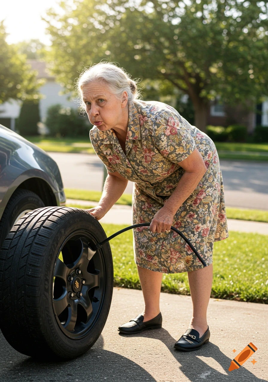 An old lady with a funny expression attempts to inflate a car tire with her mouth on a sunny day.
