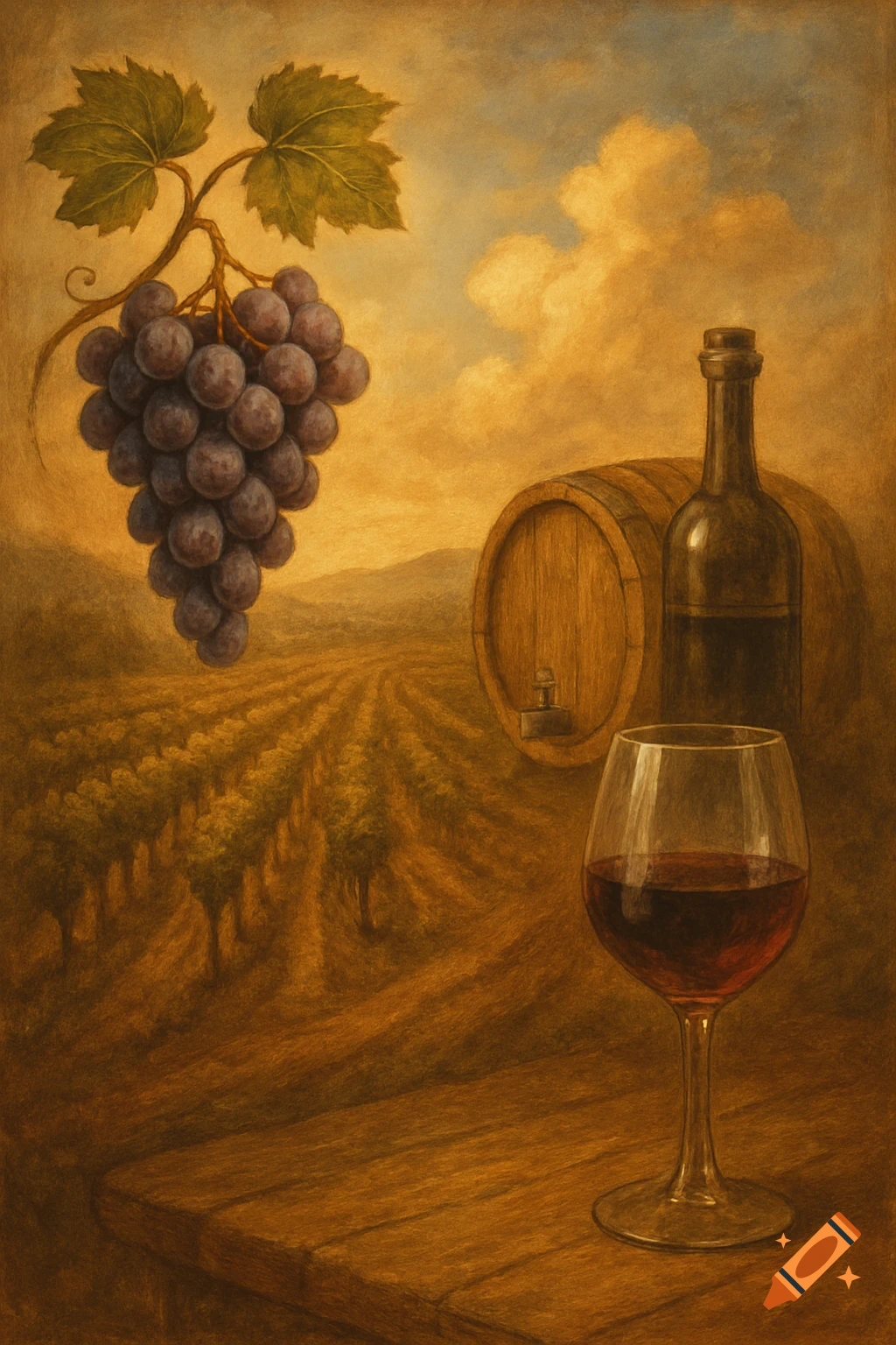 A still life oil painting of a bunch of grapes, a wine glass, bottle, and barrel, with a vineyard landscape.