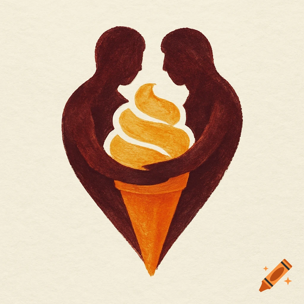 A logo of two dark brown human silhouettes hugging, forming a heart shape and holding an orange and white ice cream cone. Styled like a crayon drawing.