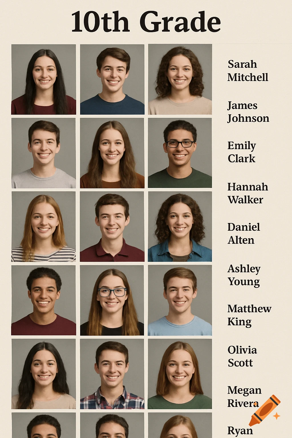 A school yearbook page featuring multiple headshots of smiling male and female students with their names listed, under the title '10th Grade'.