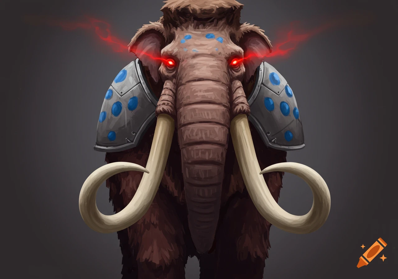 A fierce mammoth with glowing red eyes and grey armor with blue spots, facing the camera.