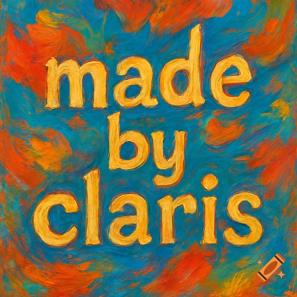 The words 'made by claris' in yellow text on a blue and orange abstract painting.