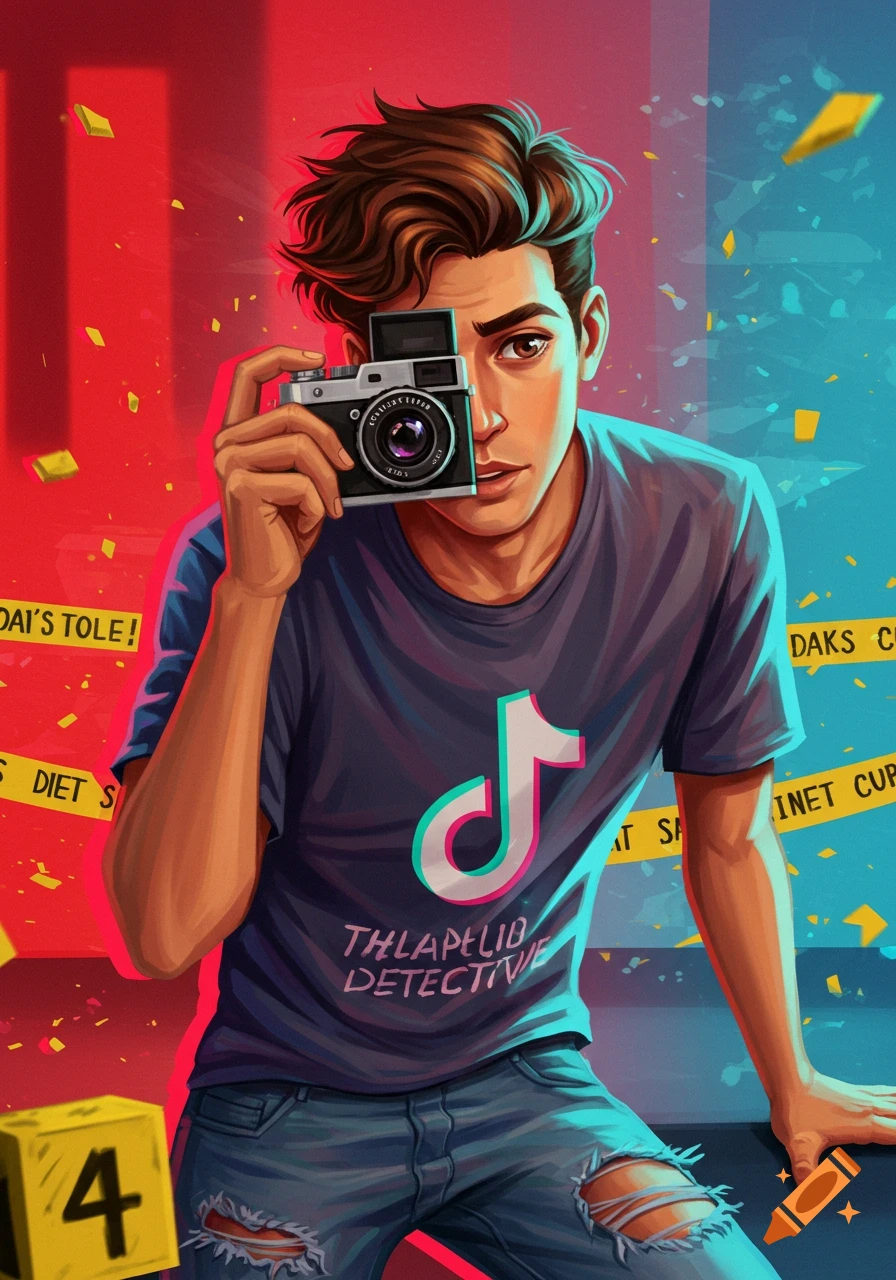 An illustrated portrait of a young man with brown hair, holding a vintage camera to his eye. He wears a dark t-shirt with a TikTok logo and ripped jeans. Yellow caution tape and gold confetti are in the background, which is split between red and blue light.