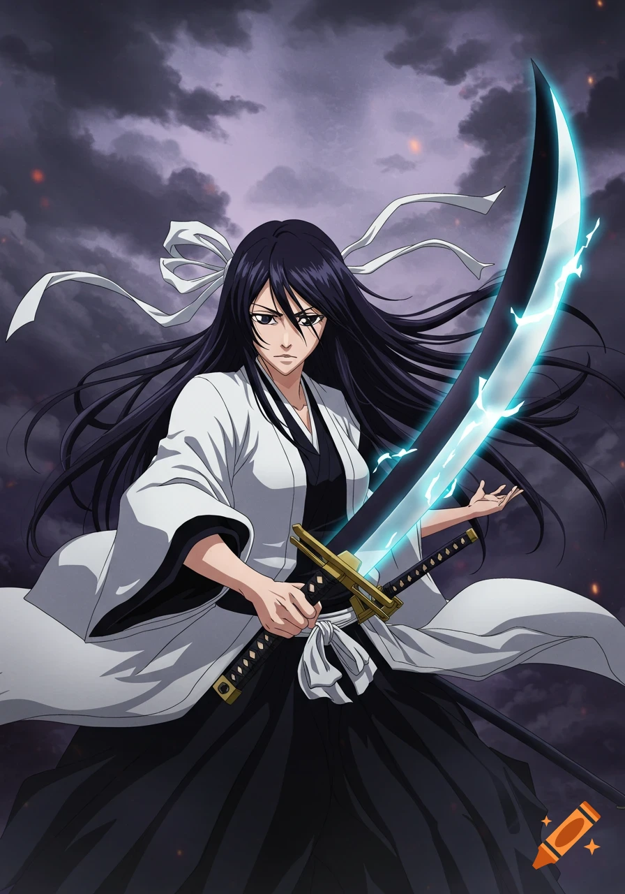 An anime illustration of a female Shinigami from Bleach, with long dark hair, wearing a white and black uniform, holding a glowing blue sword against a stormy sky.
