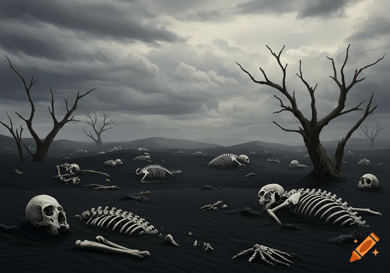 A desolate, monochromatic landscape with scattered human skeletons partially buried in black sand, under a dark, cloudy sky with barren trees.