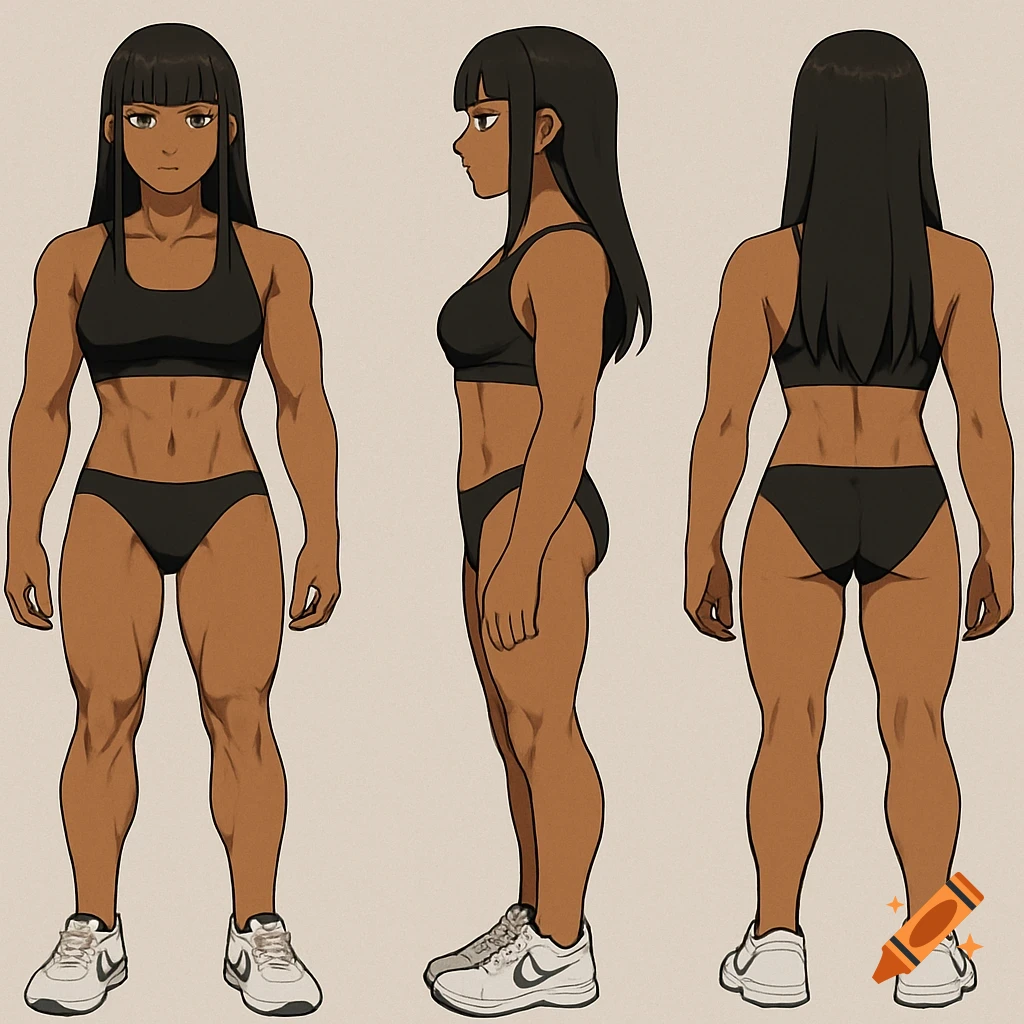 Character turnaround sheet featuring an athletic anime woman in a black sports bra and speedo, shown from front, side, and back views. She has dark skin and long black hair.
