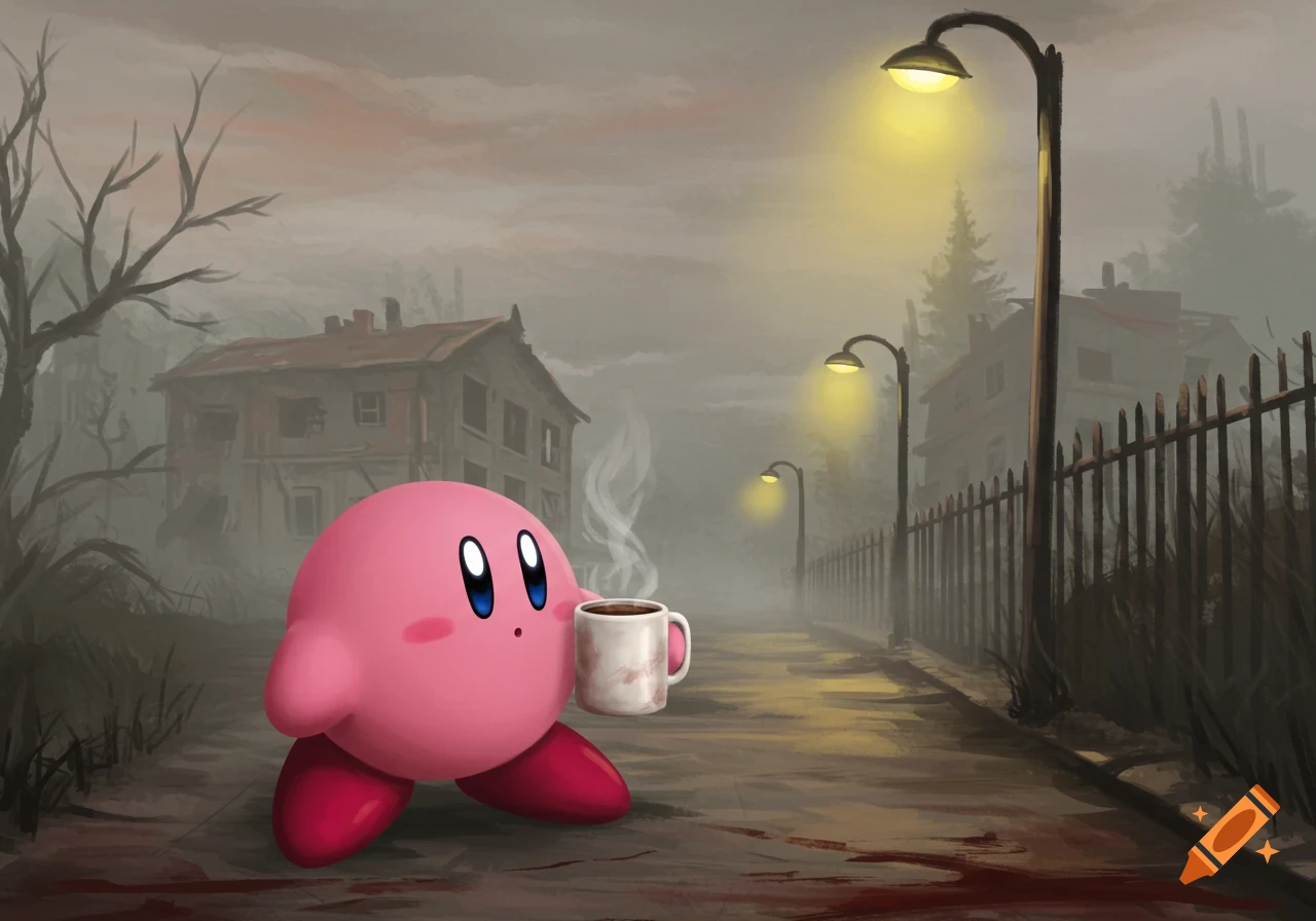 Pink Kirby holds a steaming coffee mug on a foggy, blood-stained street with dilapidated buildings and streetlights, in a horror-game style.