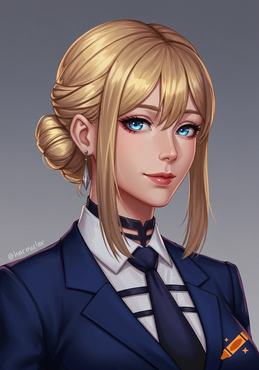 Anime style portrait of a blonde woman with blue eyes and an elegant ...