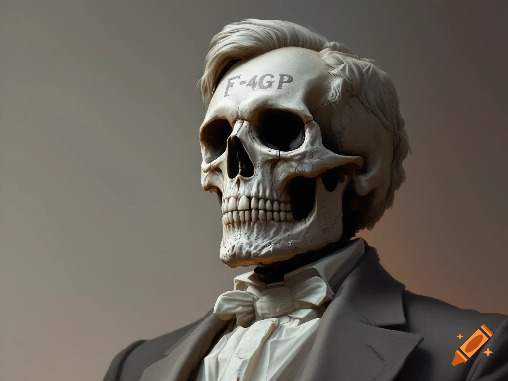 A detailed sculpture of a skull wearing a formal suit with a white shirt and bow tie. The text 'F-4GP' is carved into its forehead.