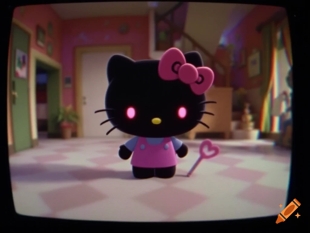 A black Hello Kitty with pink glowing eyes and a pink bow stands in a pink room with a VHS filter effect.