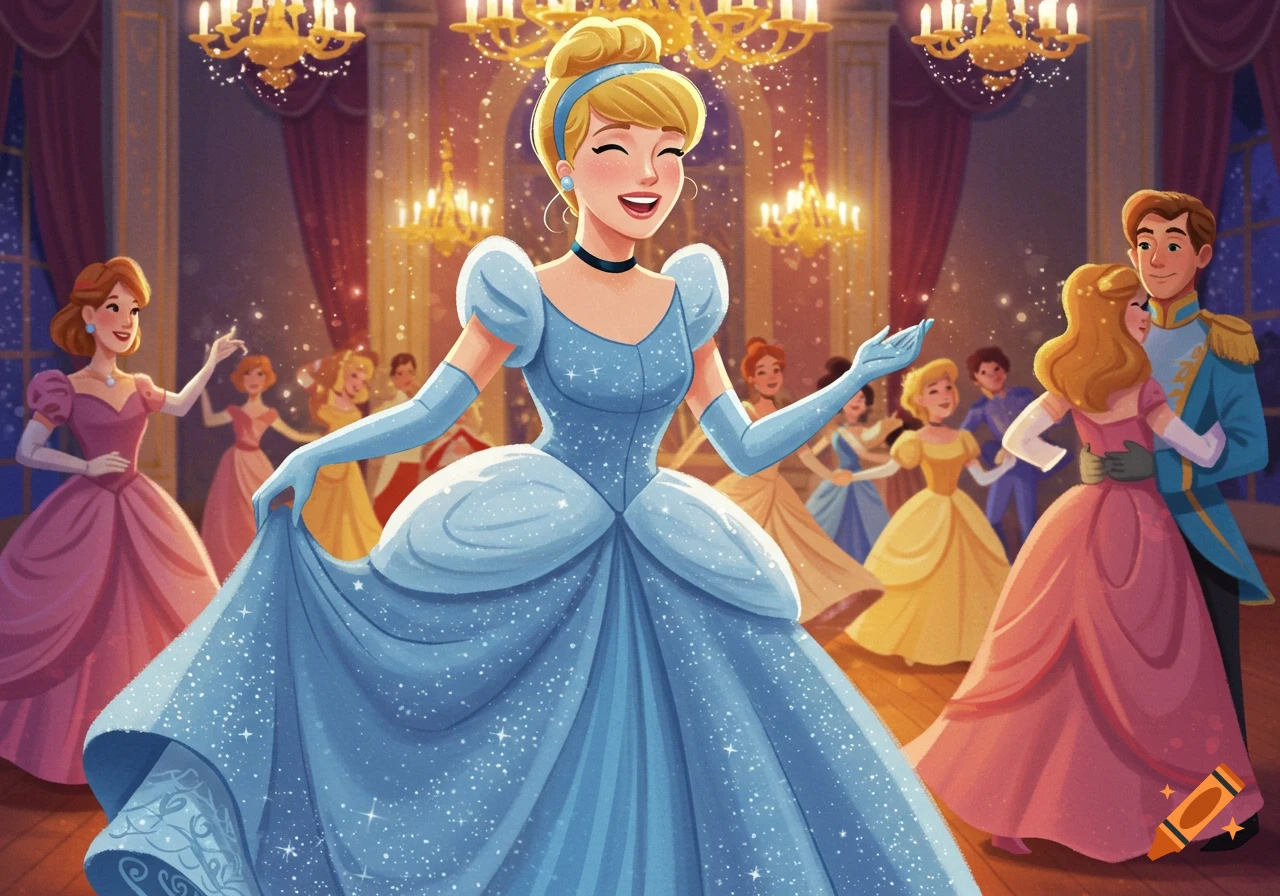 Cinderella in a sparkling blue gown dances at a grand ballroom with other couples, in an animated style.