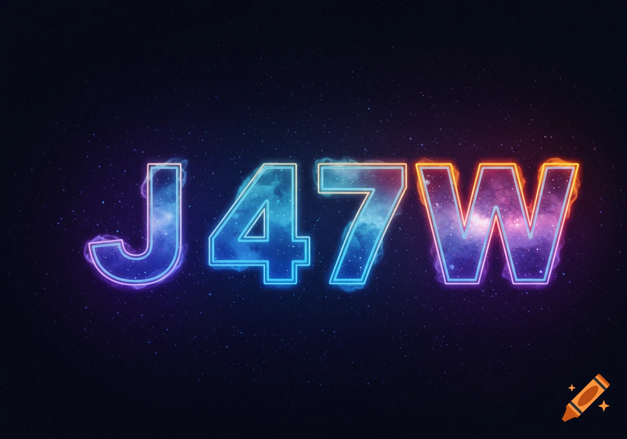 Glowing neon letters 'J47W' against a dark, starry cosmic background.