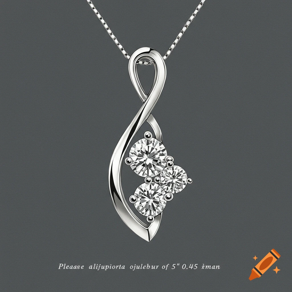 A photorealistic silver pendant with three round diamonds on a silver chain against a gray background.