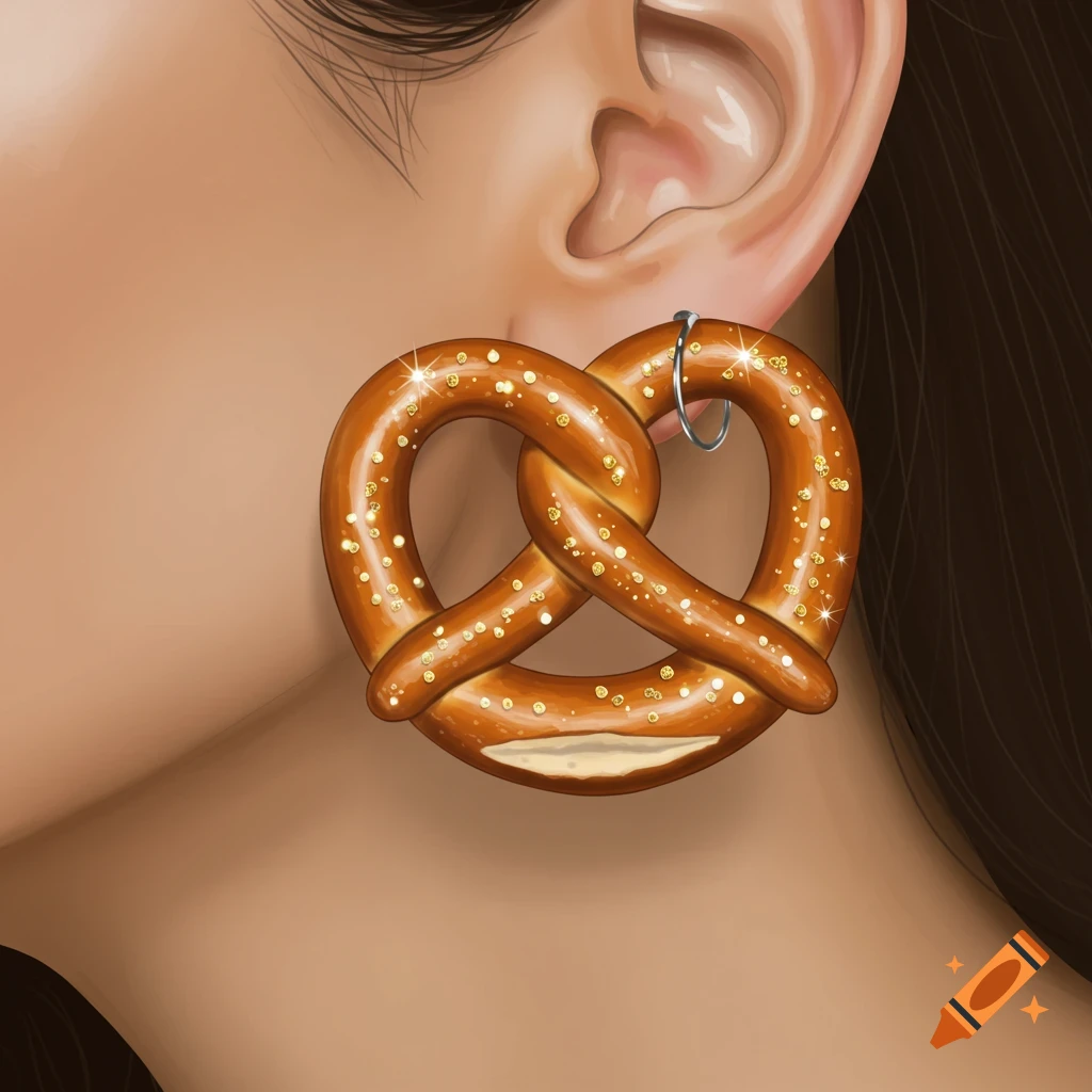 Close-up digital illustration of a sparkling pretzel earring on an ear.