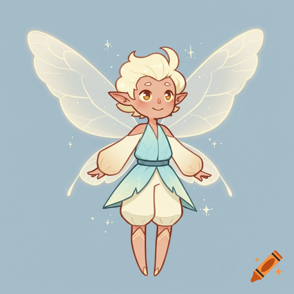 A cute cartoon illustration of a blonde fairy with large translucent wings and a blue and cream outfit, sparkling.