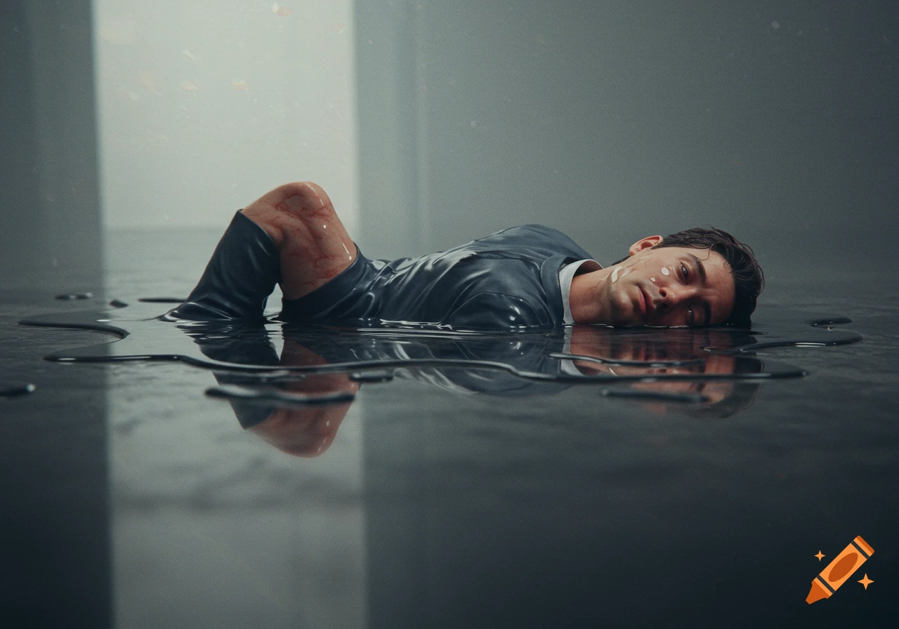 A man in a suit appears to be melting into a dark puddle on a slick floor in a dimly lit, minimalist room, with his head resting on the liquid surface.