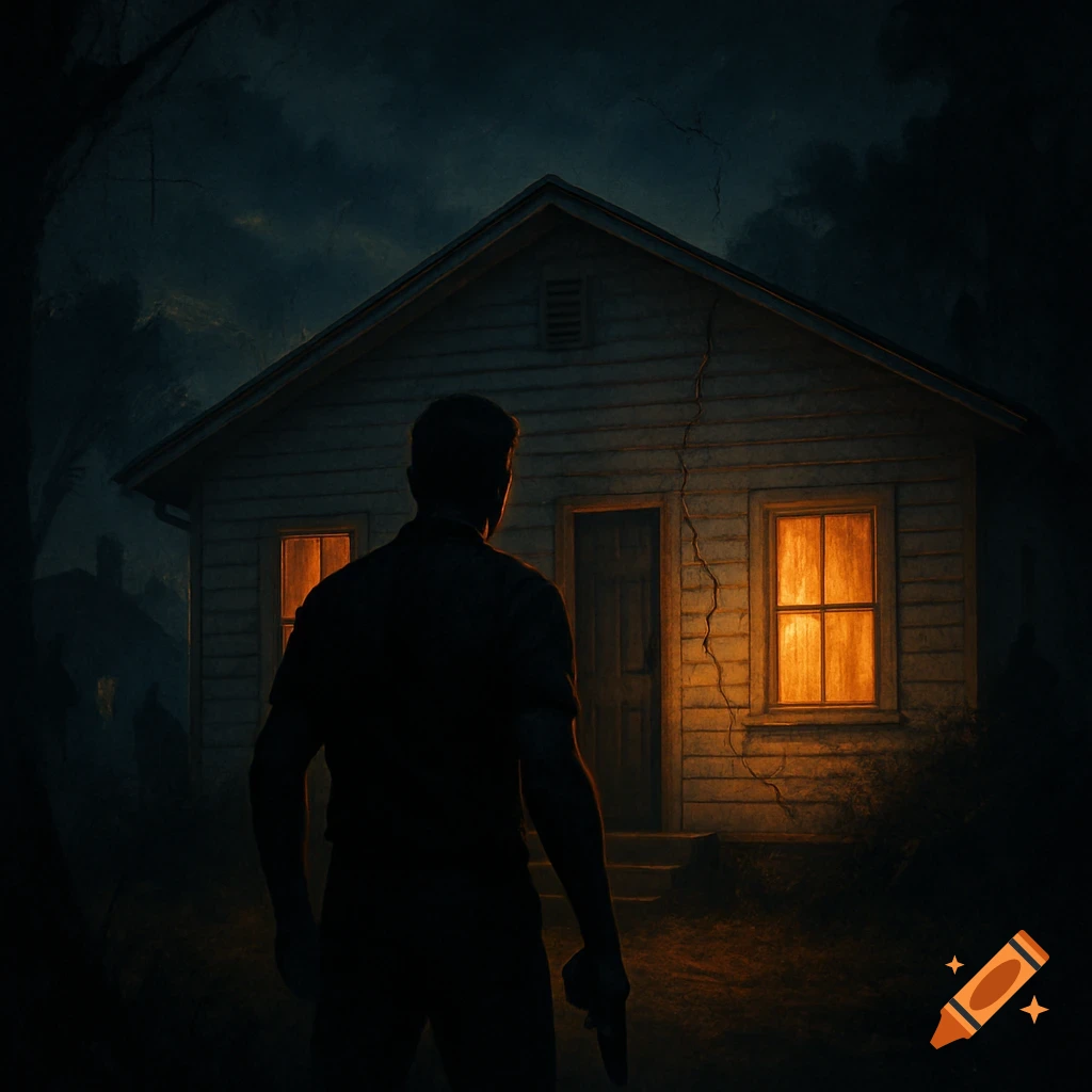 Silhouette of a man holding a gun, looking at a small, weathered house with glowing windows at night. Moody, cinematic style.