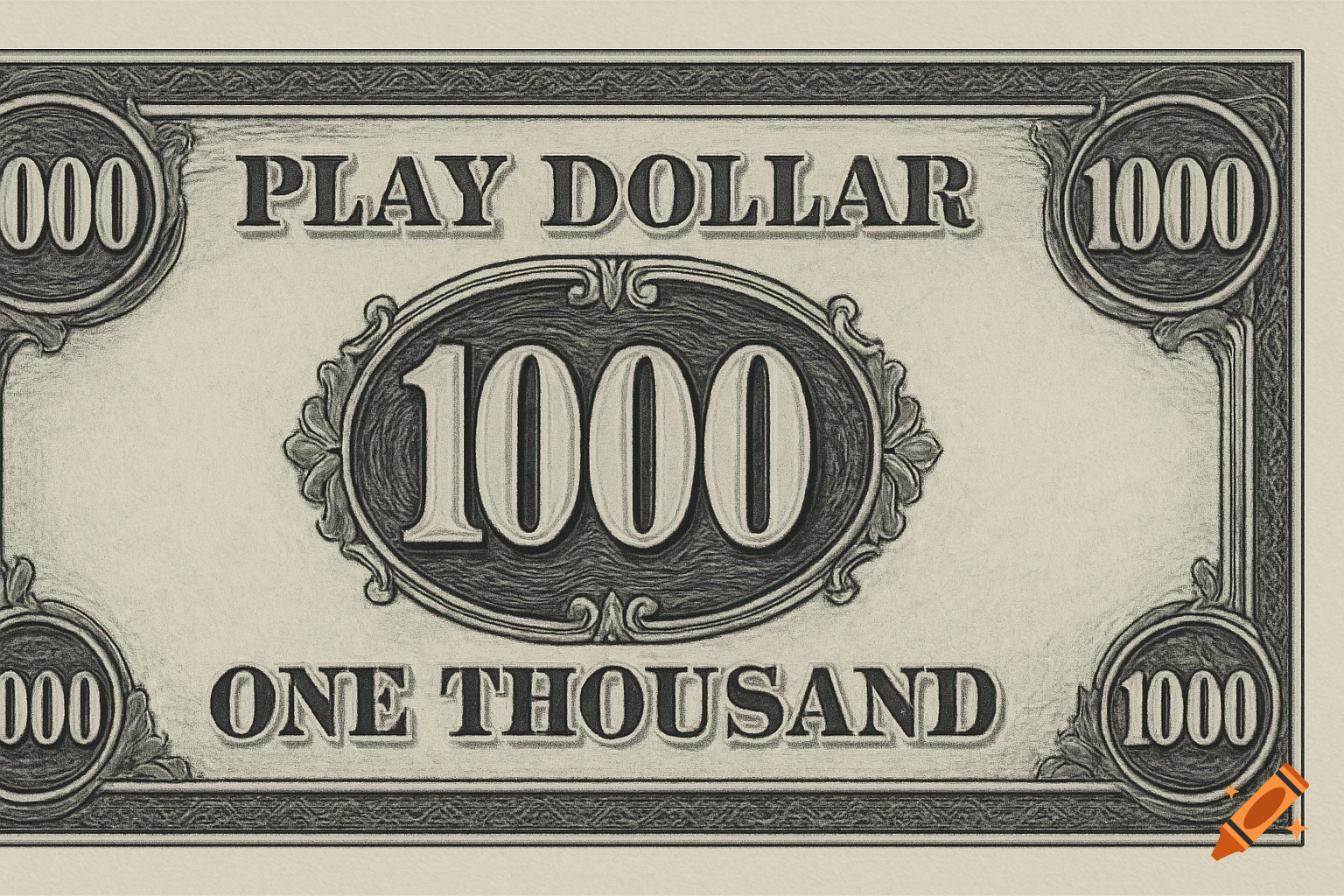 A black and white play dollar bill with a 1000 denomination, featuring 'PLAY DOLLAR' text and decorative borders.