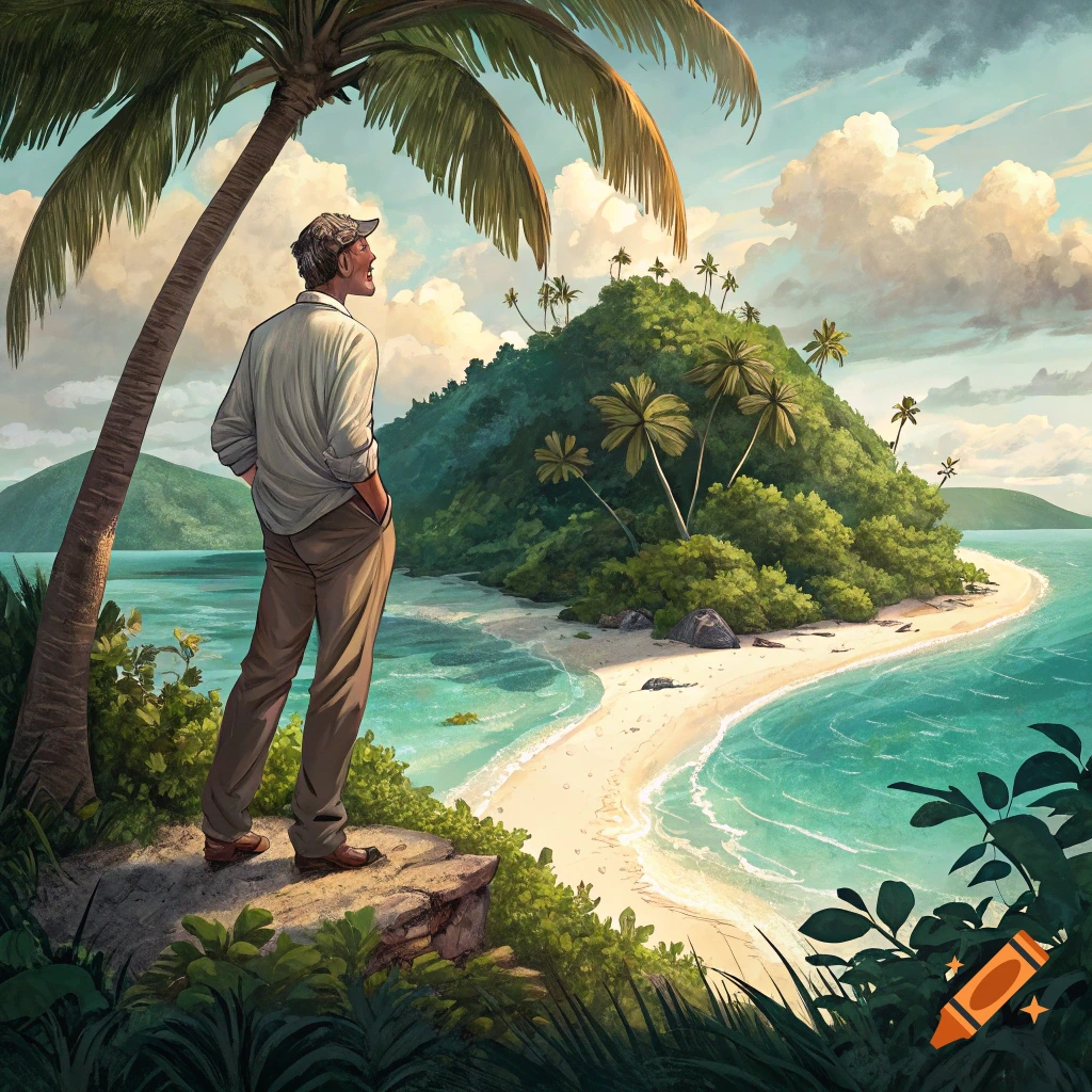 A man in a baseball cap and button-up shirt stands on a rocky cliff, looking out at a tropical island with a white sand beach and turquoise water, under a cloudy sky in an illustrative style.