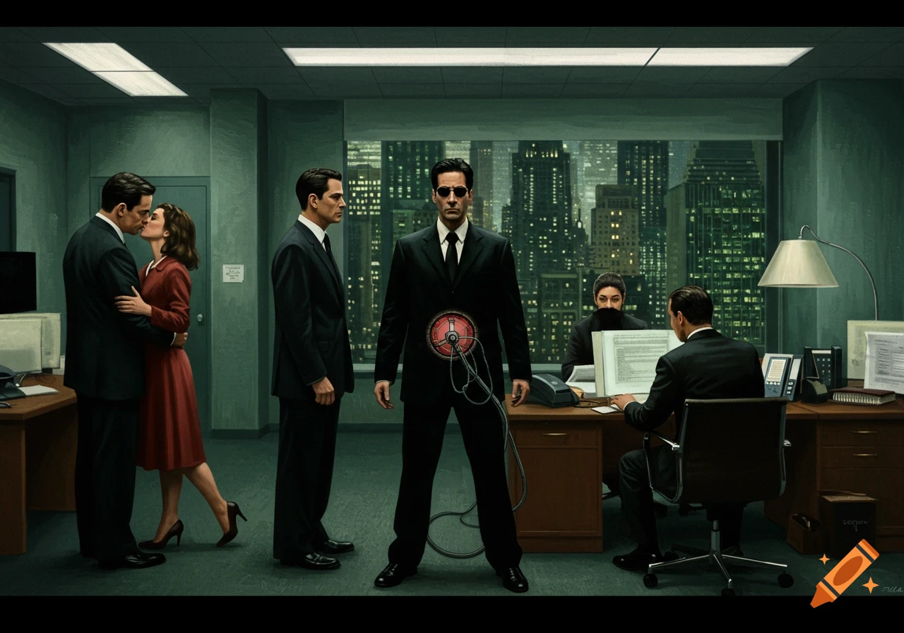 An oil painting depicting an office scene with Neo from The Matrix, wearing sunglasses and a suit, standing center with a robotic implant in his abdomen. Two agents flank him, while a couple kisses on the left and another agent works at a desk on the right, overlooking a city skyline at night.