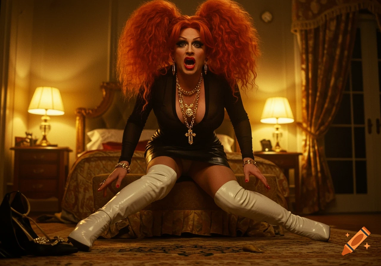 A red-haired drag queen with wild pigtails and heavy jewelry awkwardly tries to stand from a plush carpet in a dimly lit, lavish bedroom, in a stylized 80s B-movie aesthetic.
