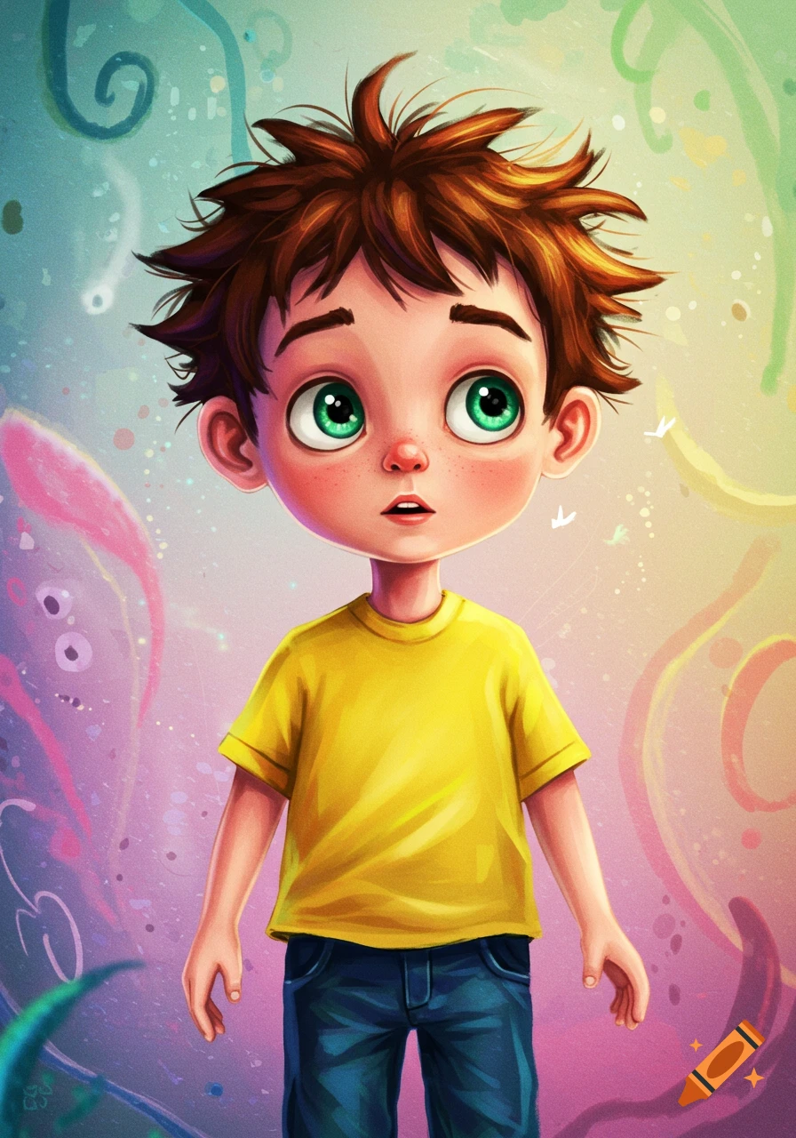 A cute cartoon boy with spiky brown hair and big green eyes looks up, wearing a yellow shirt, set against a vibrant, whimsical background.