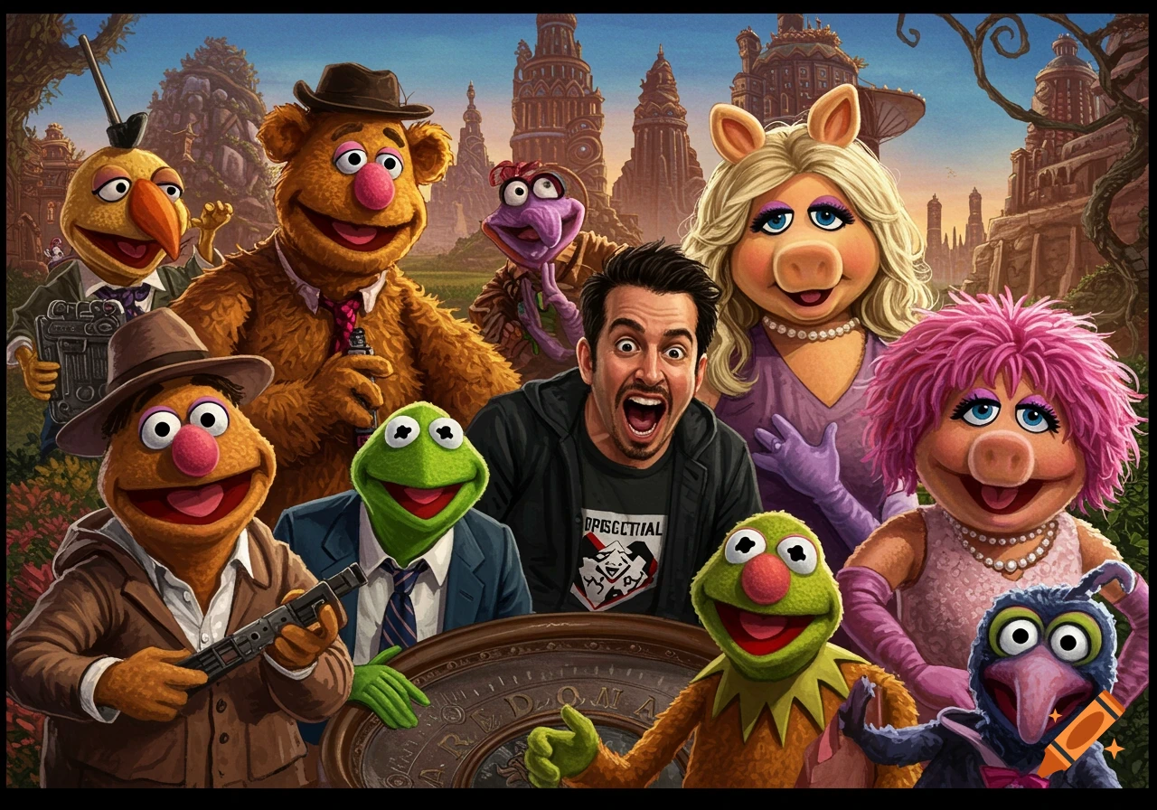 Muppet characters like Kermit, Miss Piggy, and Fozzie Bear, pose with a laughing man in a vibrant fantasy landscape with detailed buildings.