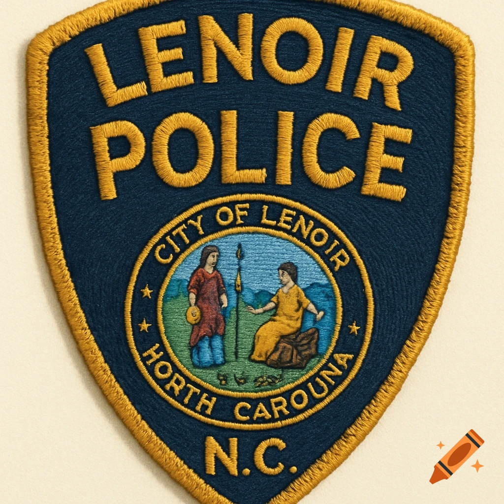 An embroidered blue and gold police patch for Lenoir Police, North Carolina, featuring a central emblem with two figures.