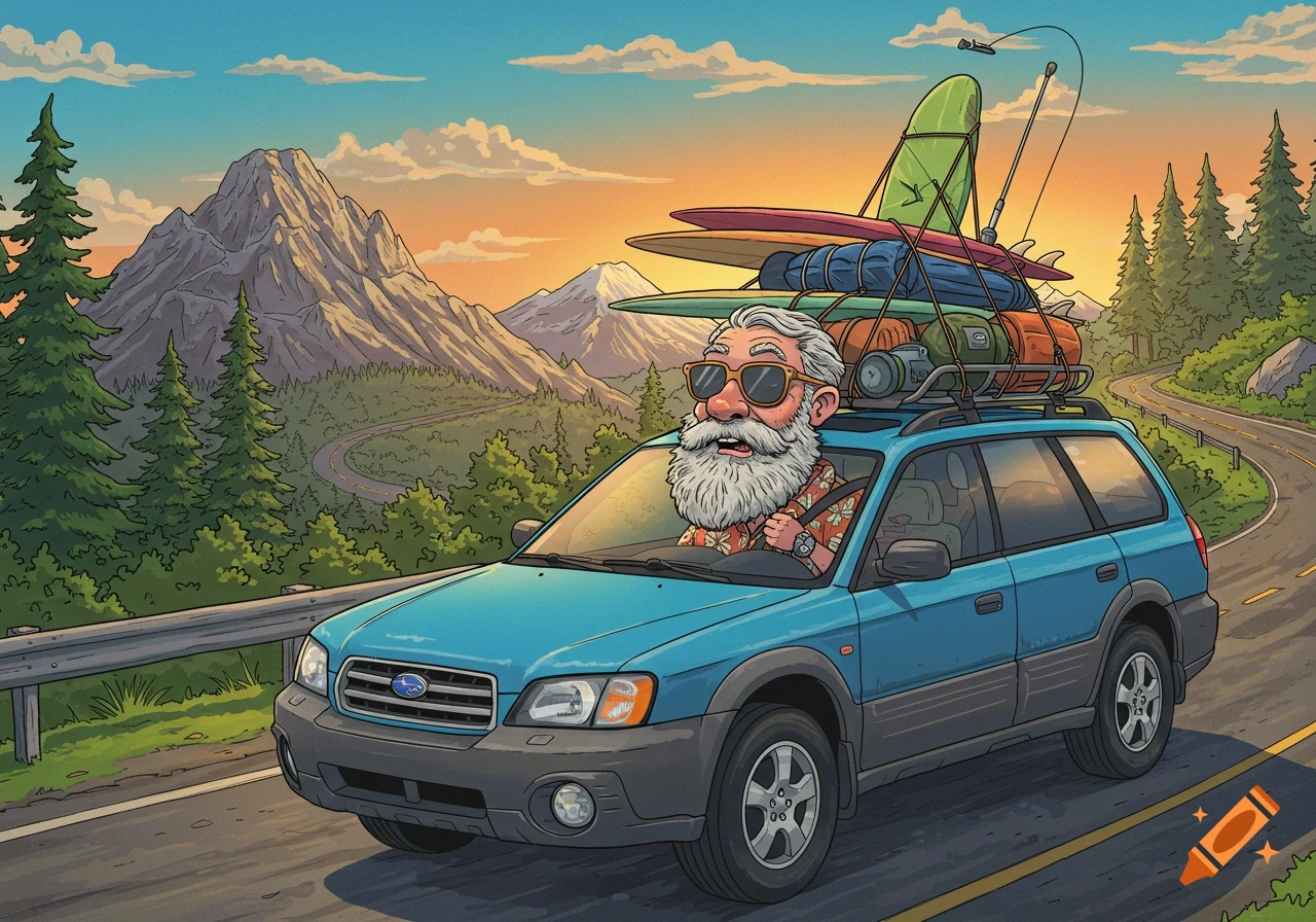 Cartoon of a bearded man in a blue Subaru loaded with surfboards, driving a mountain road at sunset.