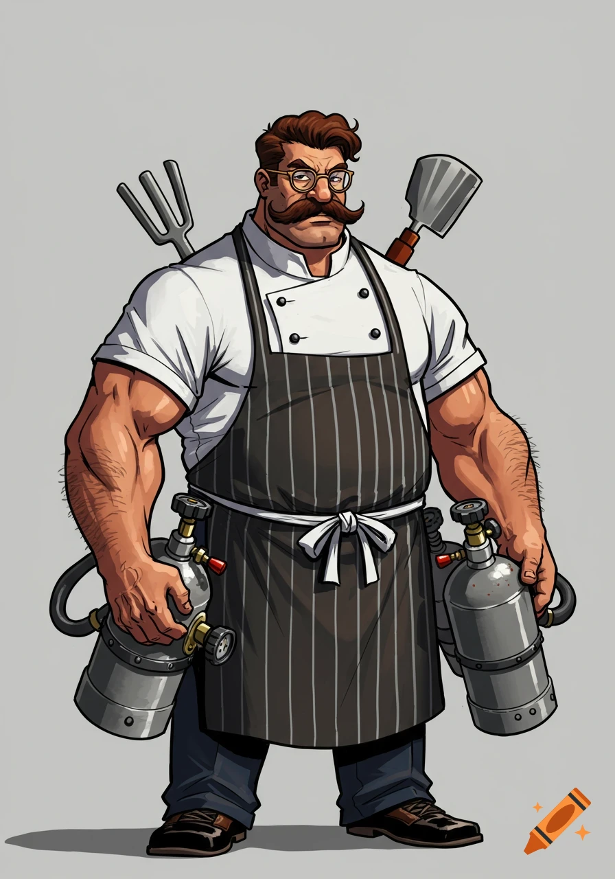 A cartoon chef with a mustache and glasses, wearing an apron, holds two CO2 tanks and has a fork and spatula behind him.