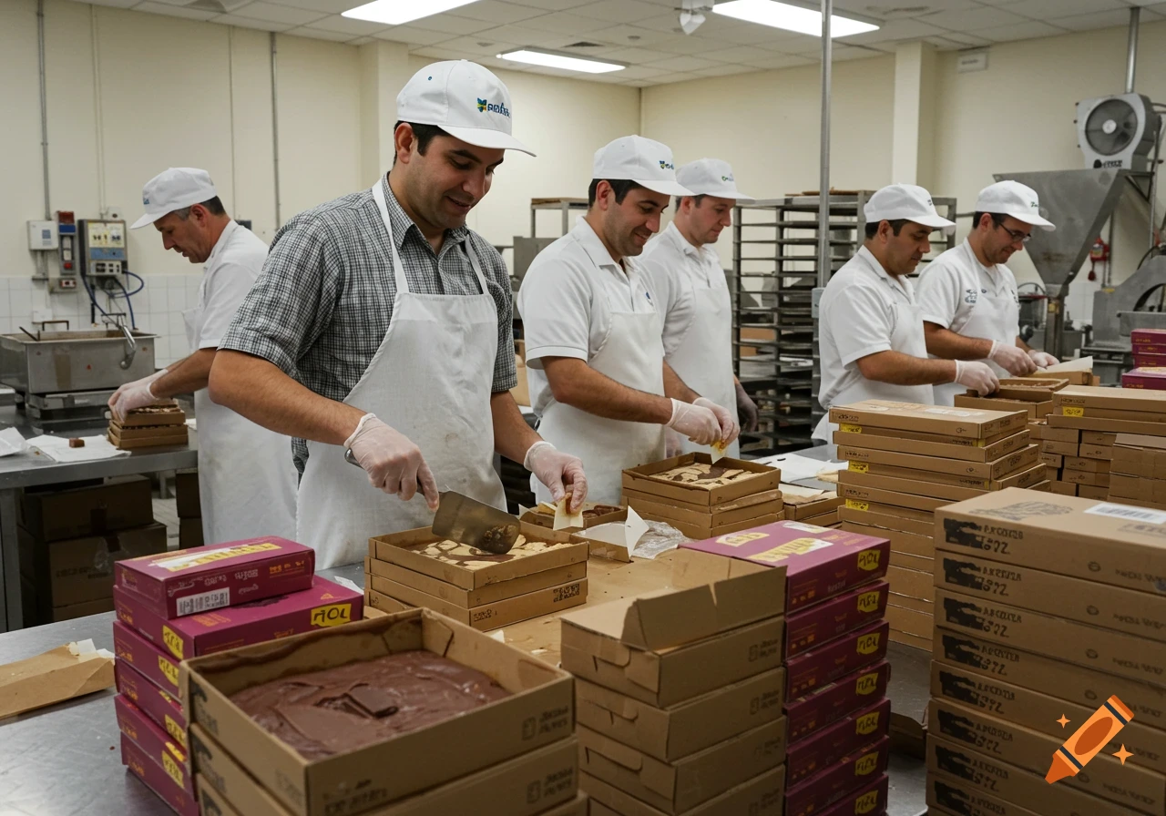 Men in aprons and caps pack fudge into cardboard boxes on metal tables in a brightly lit food production facility.