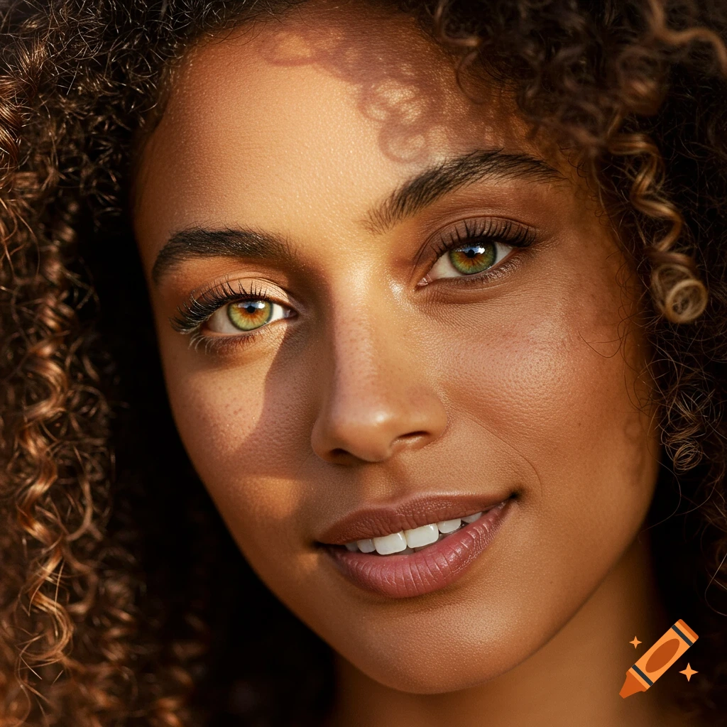Close-up photorealistic portrait of a woman with curly brown hair and striking hazel eyes, sunlight dappling her face.