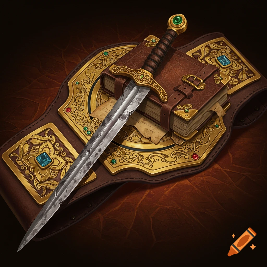 A detailed illustration of a weathered sword resting on an ornate leather book, which is placed on a gold-embellished championship belt.
