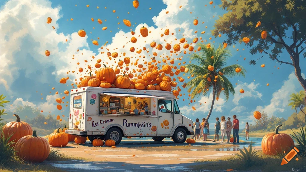 Whimsical scene of an ice cream truck overflowing with pumpkins, with more pumpkins floating in a blue sky above. People gather near the truck.