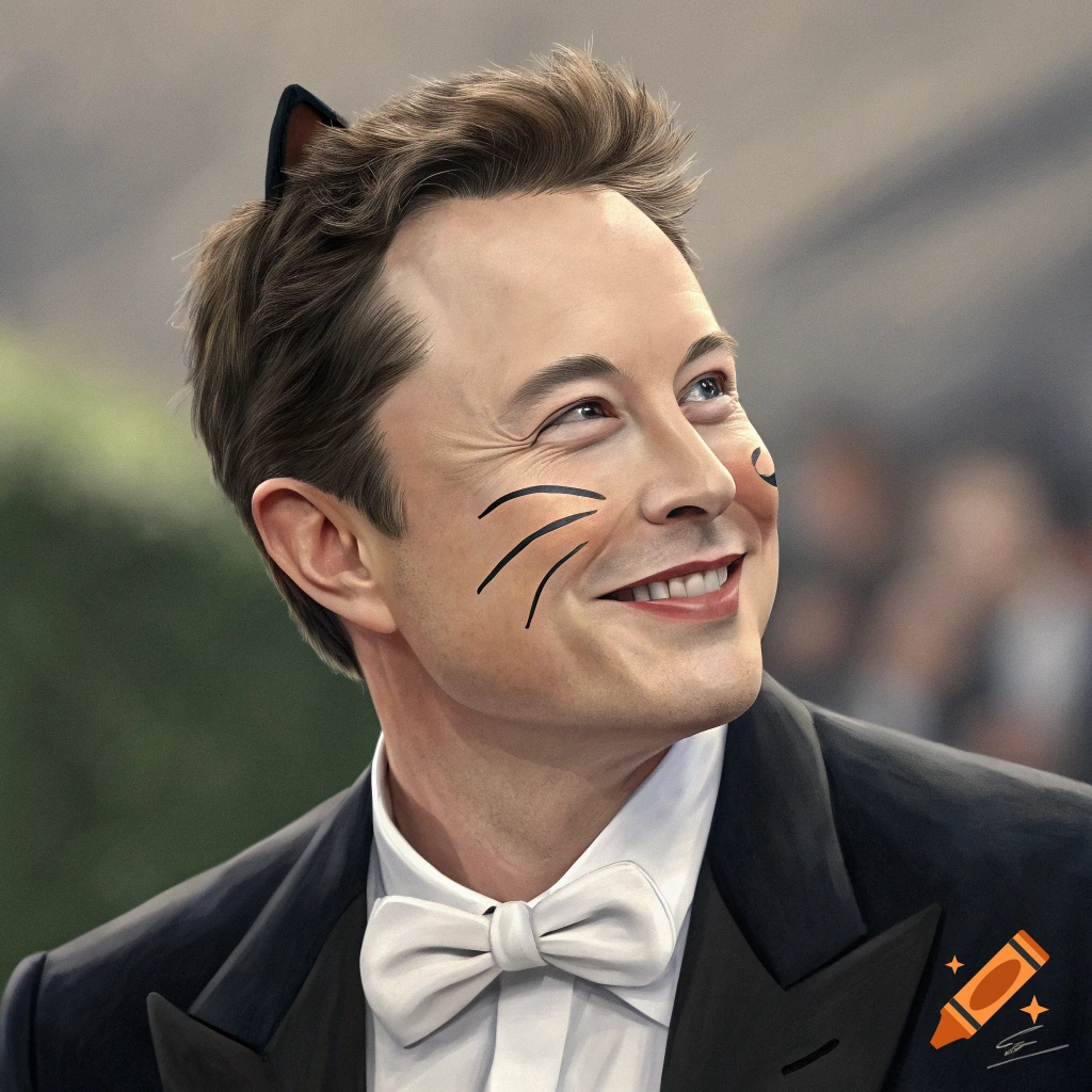 A smiling Elon Musk in a tuxedo, wearing cat ears and with whiskers painted on his face.
