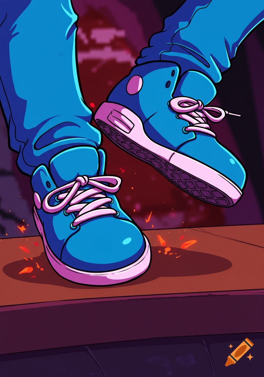 A cartoon image of a character's blue sneakers and pants stepping on a wooden surface, with orange sparks.