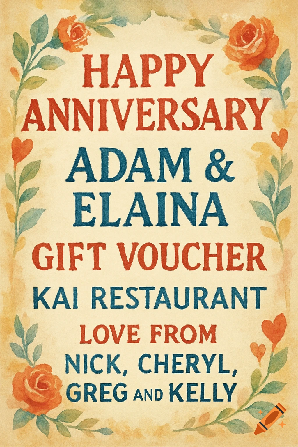A watercolor style anniversary gift voucher for Adam and Elaina, featuring names and a restaurant, bordered by roses and hearts.