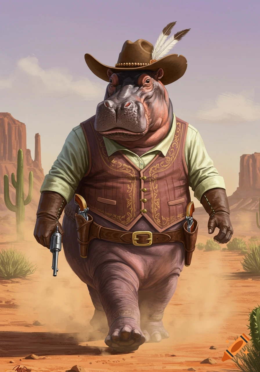 A bipedal hippo dressed as a cowboy, holding a revolver, walks through a dusty desert landscape with cactuses and mesas.