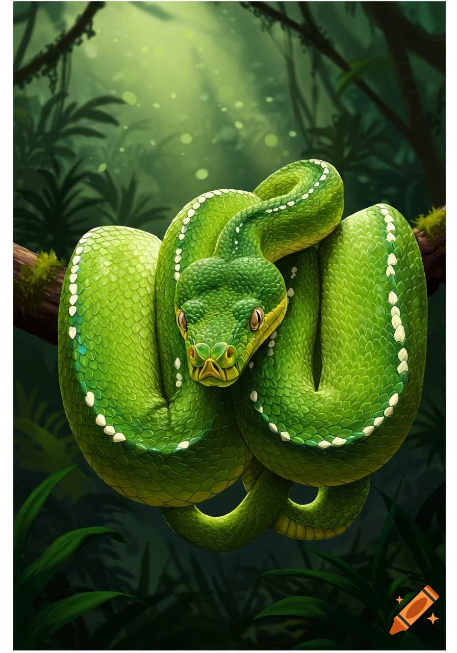 A vibrant green snake with bright yellow eyes is coiled around a mossy branch in a lush, sunlit jungle. Digital art style.