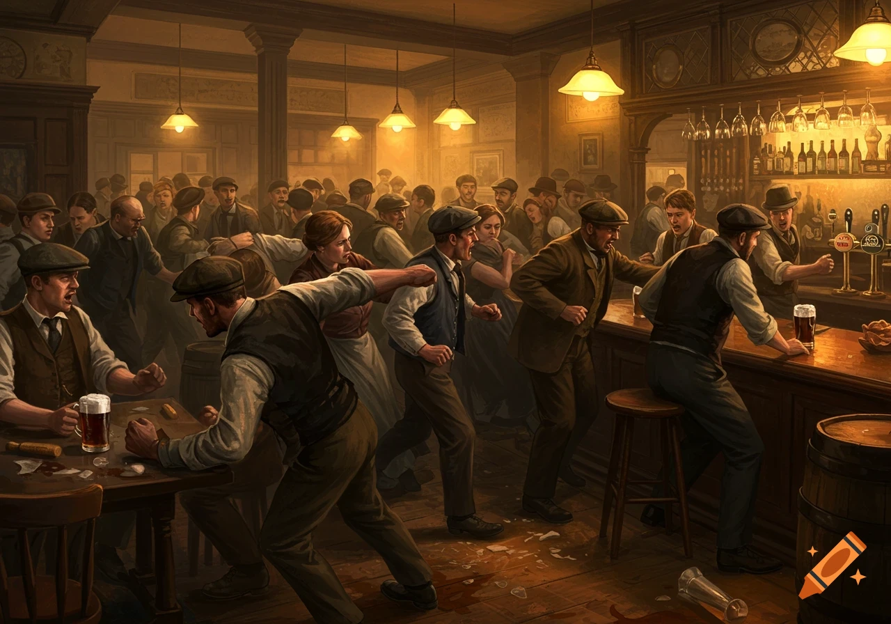 A chaotic brawl involving many patrons in a crowded, dimly lit British pub with spilled drinks and broken glass on the floor.